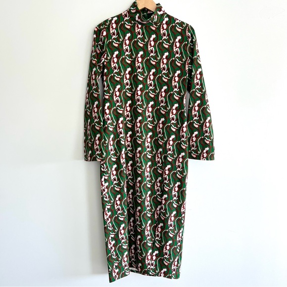 ZARA Floral Green Multicolor Print Front Slit Long Sleeves Midi Dress Sz L - Picture 5 of 16